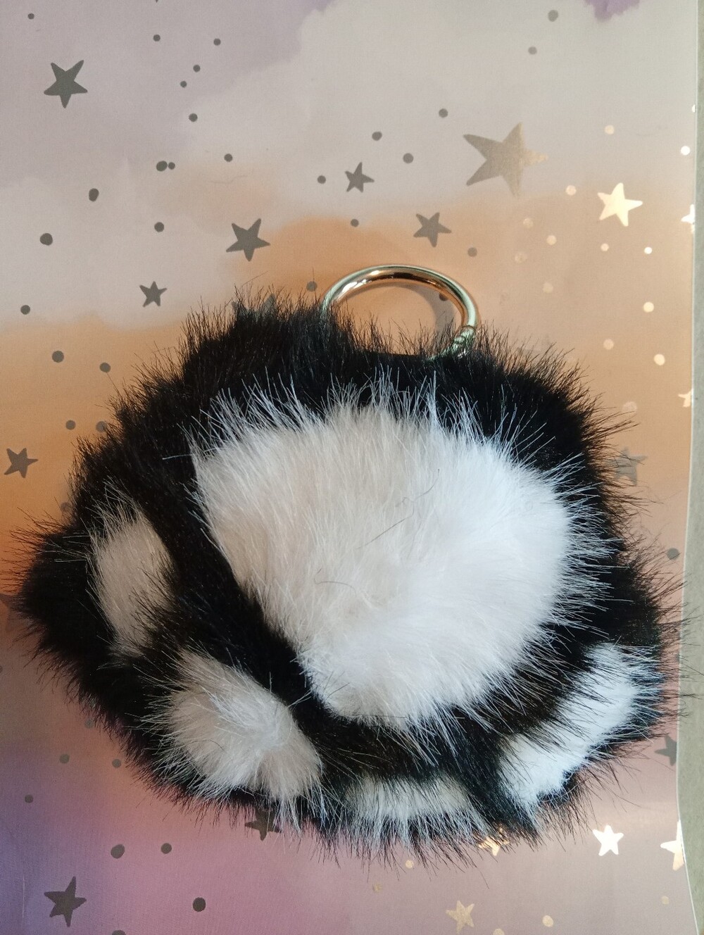 Faux Fur Cat Paw Keychain - Black and White